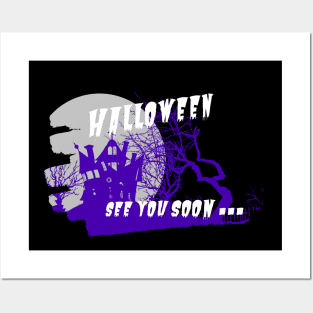 Purple church. Halloween is comming in rectangular frame Posters and Art